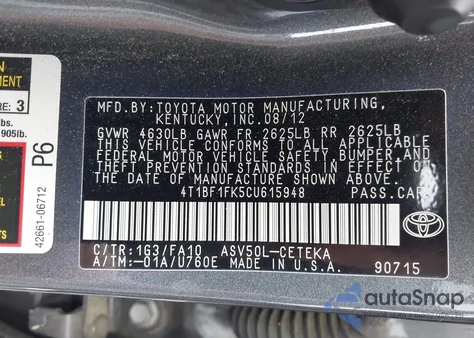 2012 Toyota Camry L from USA, damaged, VIN 4T1BF1FK5CU615948